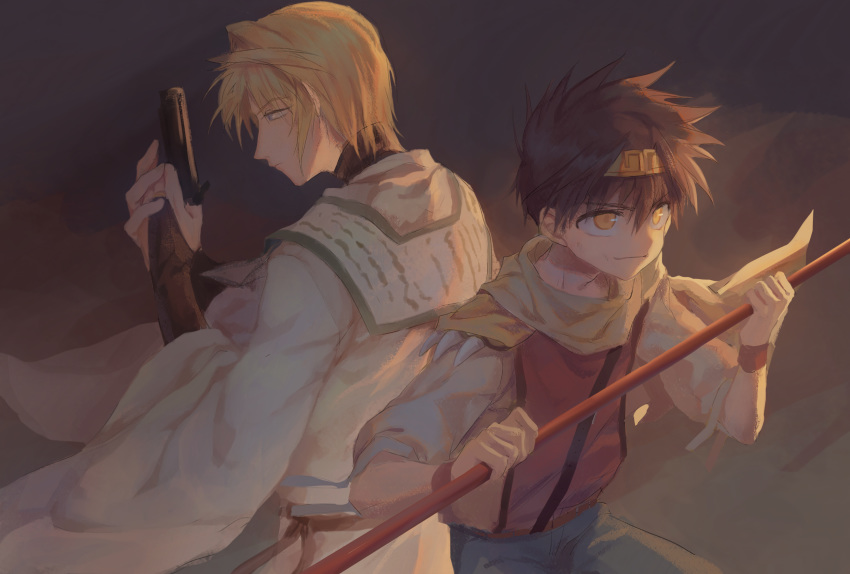 2boys back-to-back blonde_hair bridal_gauntlets brown_hair genjou_sanzou gun headband highres holding holding_gun holding_staff holding_weapon male_focus max_(744275974) multiple_boys saiyuki short_hair son_goku_(saiyuki) staff upper_body weapon wristband yellow_eyes