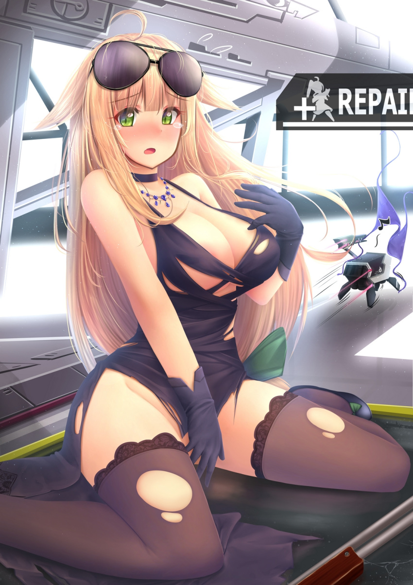 anakin_sky_(utcc) areola_slip areolae aviator_sunglasses black_dress black_gloves black_legwear blonde_hair blush breasts choker cleavage dress dress_shoes eyewear_on_head girls_frontline gloves green_eyes green_ribbon gun hair_ribbon highres jewelry long_hair m1918_bar m1918_bar_(girls_frontline) machine_gun medium_breasts necklace no_panties open_mouth panties ribbon side-tie_panties side_slit sitting sunglasses tearing_up thighhighs torn_clothes underwear very_long_hair wariza weapon