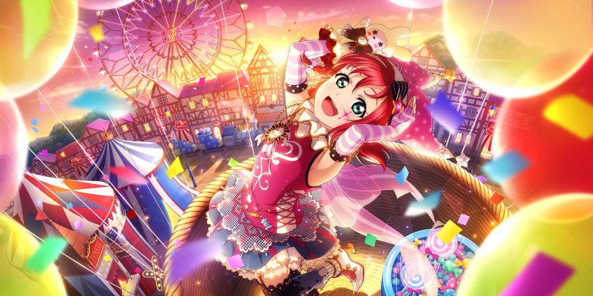 1girl aircraft aqua_eyes artist_request balloon bangs boots bow braid bunny_pose candy circus collar elbow_gloves ferris_wheel fingerless_gloves food frilled_collar frilled_skirt frills garter_straps gloves hair_bow hand_puppet hat highres hot_air_balloon kurosawa_ruby leaning_back looking_at_viewer love_live! love_live!_school_idol_festival_all_stars love_live!_sunshine!! official_art open_mouth pink_headwear polka_dot polka_dot_hat puppet red_hair skirt smile solo standing standing_on_one_leg striped striped_gloves sunset tent thighhighs zettai_ryouiki