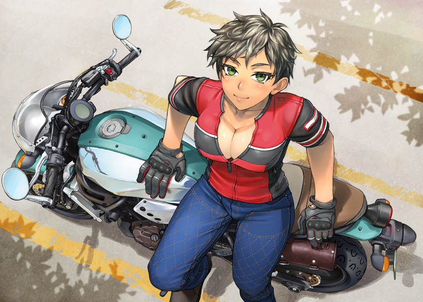 1girl bang-you black_gloves black_hair blush breasts cleavage dark_skin denim gloves green_eyes ground_vehicle jacket jeans looking_up motor_vehicle motorcycle original outdoors pants short_hair silhouette sitting smile solo tan tanline tomboy