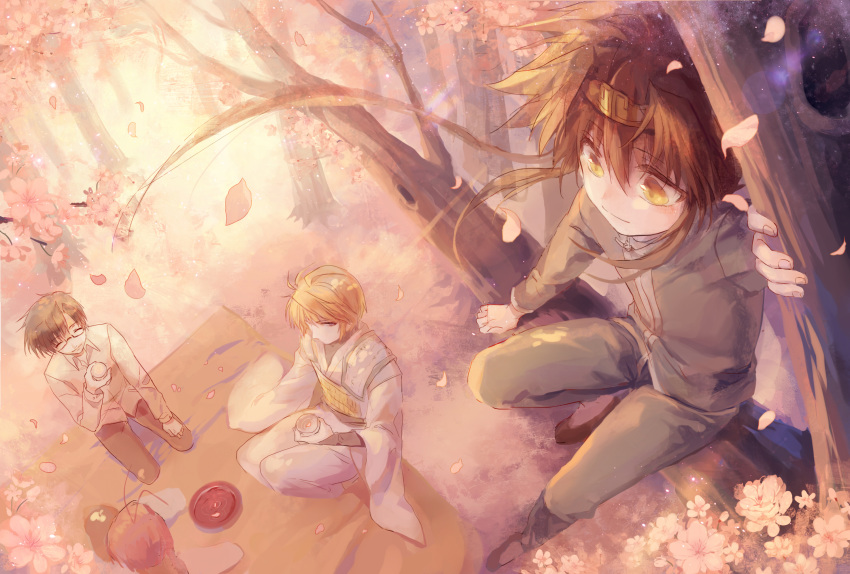 4boys ahoge blonde_hair brown_hair cherry_blossoms cho_hakkai closed_eyes cup expressionless full_body genjou_sanzou glasses highres in_tree long_hair male_focus max_(744275974) multiple_boys petals red_hair saiyuki sakazuki seiza sha_gojou sitting sitting_in_tree son_goku_(saiyuki) tree yellow_eyes