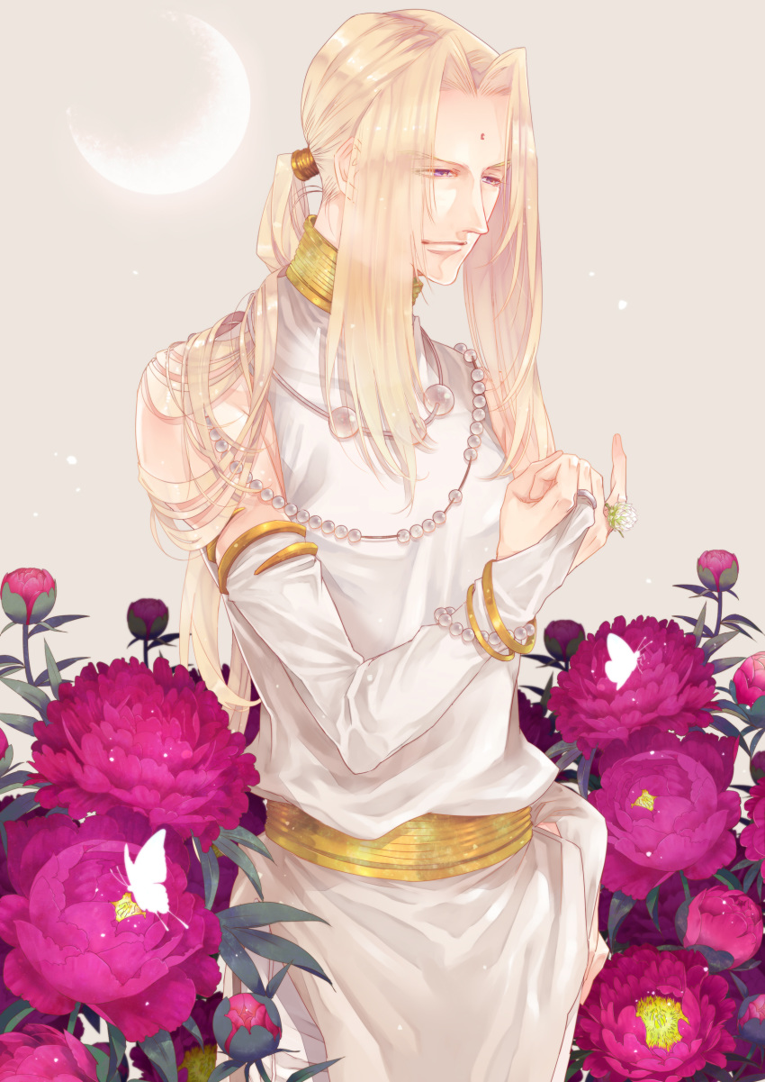 1boy absurdres armlet bindi bridal_gauntlets bug butterfly expressionless flower flower_ring highres insect jewelry konzen_douji leaf long_hair male_focus moon necklace ponytail purple_eyes rui_yuda saiyuki sidelocks solo