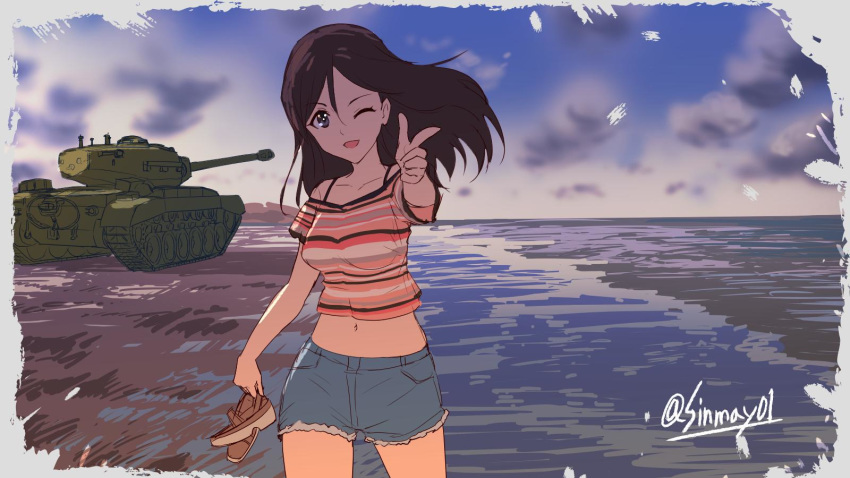 1girl black_hair blue_eyes blue_shorts blue_sky brown_footwear casual cloud cloudy_sky commentary cutoffs day denim denim_shorts girls_und_panzer ground_vehicle highres holding holding_shoes long_hair m26_pershing megumi_(girls_und_panzer) midriff military military_vehicle motor_vehicle navel one_eye_closed open_mouth outdoors pink_shirt pointing pointing_at_viewer sandals shinmai_(kyata) shirt shoes short_shorts short_sleeves shorts sky smile solo striped striped_shirt tank twitter_username wind