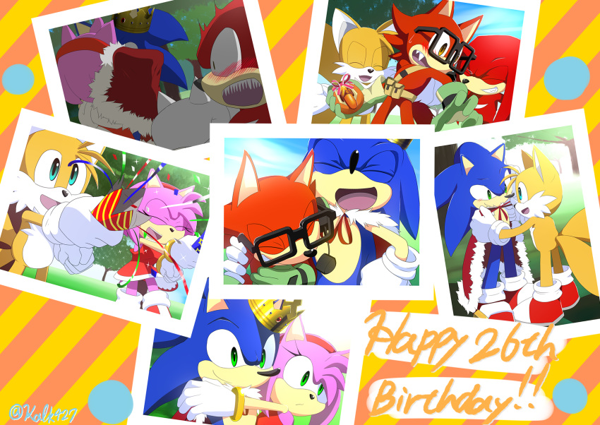 2017 amy_rose anthro birthday blue_eyes blue_fur canid canine canis cape clothing crown custom_character_(sonic_forces) duo echidna eulipotyphlan female footwear fox fur gloves green_eyes group handwear happy hedgehog hi_res kalk427 knuckles_the_echidna male mammal miles_prower monotreme pattern_background photo pink_fur red_fur shoes simple_background smile sonic_(series) sonic_forces sonic_the_hedgehog striped_background wolf yellow_eyes yellow_fur