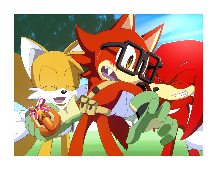 anthro belt blush border canid canine canis chili_dog clothing custom_character_(sonic_forces) echidna eyewear food fox fur glasses gloves grin group handwear happy hi_res holding_food holding_object kalk427 knuckles_the_echidna male mammal miles_prower monotreme outside red_fur smile sonic_(series) sonic_forces white_border wolf yellow_fur