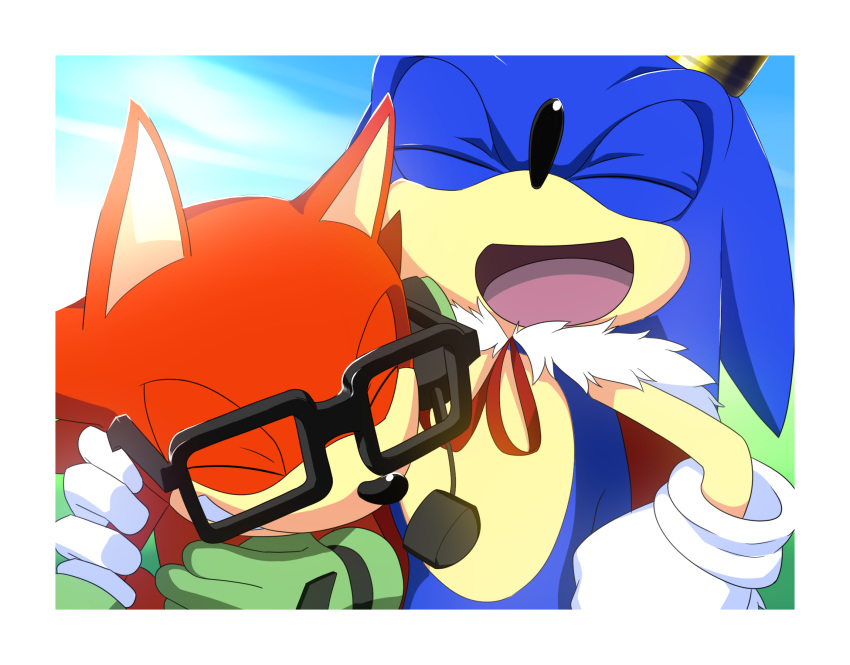 anthro blue_fur border canid canine canis cape clothing crown custom_character_(sonic_forces) duo eulipotyphlan fur gloves hand_on_shoulder handwear happy hedgehog hi_res kalk427 male mammal open_mouth open_smile red_fur smile sonic_(series) sonic_forces sonic_the_hedgehog white_border wolf