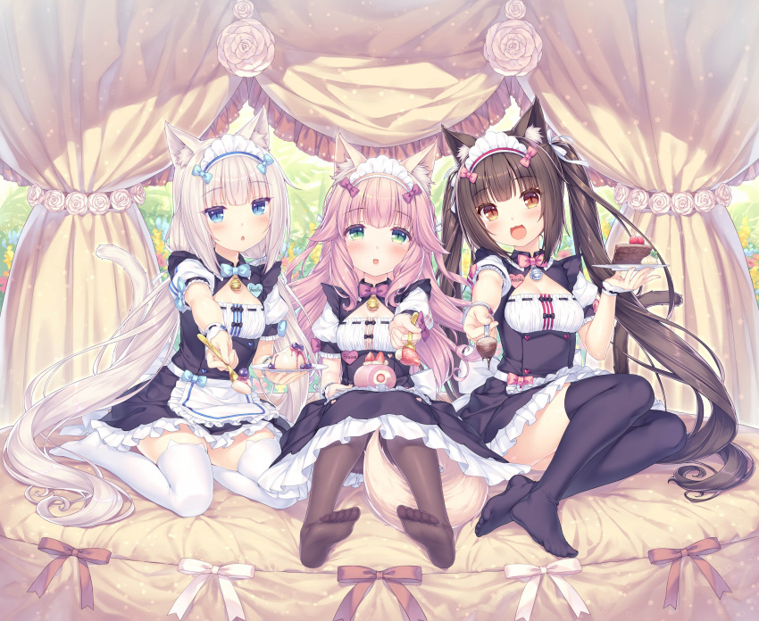 animal_ears blue_eyes brown_eyes brown_hair cake catgirl chocola_(sayori) flowers food green_eyes group hair_ornament long_hair maid nekopara pink_hair ribbons sayori tagme_(character) tail thighhighs twintails vanilla_(sayori) waitress white_hair