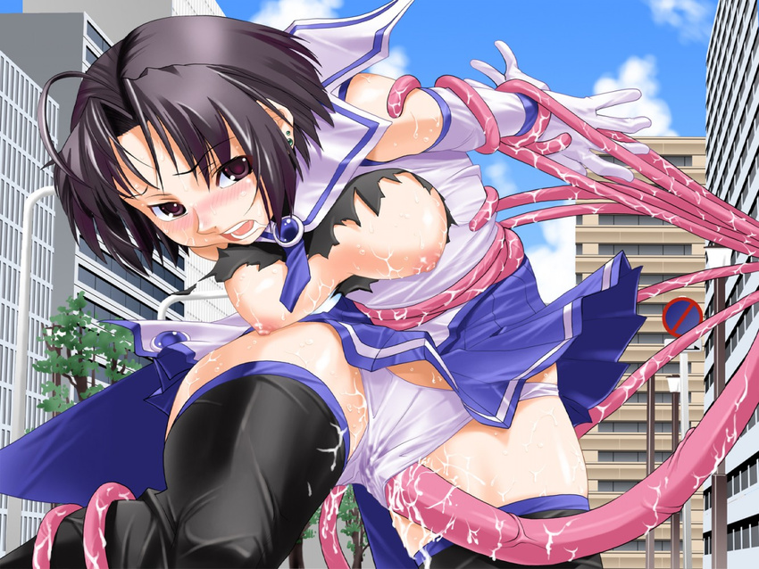 blush breasts city cum cum_on_body cum_on_breasts cum_on_legs cum_on_lower_body cum_on_stomach cum_on_upper_body earrings gloves jewelry large_breasts panties rape saliva school_uniform short_hair skirt tentacle tentacle_rape tentacles tentacles_under_clothes thick_thighs thighhighs thighs torn_clothes underwear