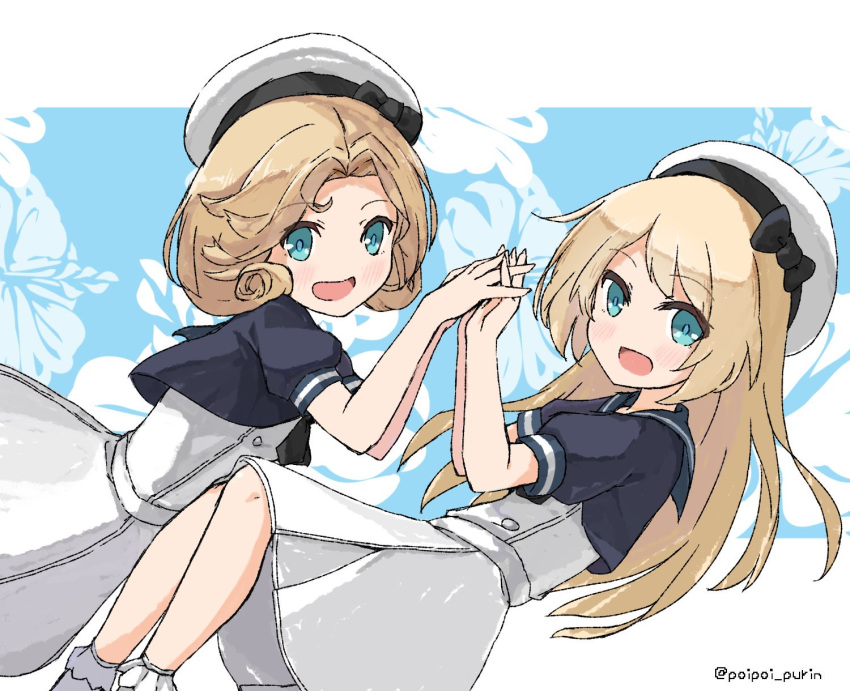 2girls bangs black_neckwear blonde_hair blue_background blue_eyes blue_sailor_collar dress feet_out_of_frame floral_background gloves hat highres holding_hands janus_(kantai_collection) jervis_(kantai_collection) kantai_collection long_hair looking_at_viewer multiple_girls open_mouth sailor_collar sailor_dress sailor_hat sattsu short_hair short_sleeves smile white_background white_dress white_gloves white_headwear
