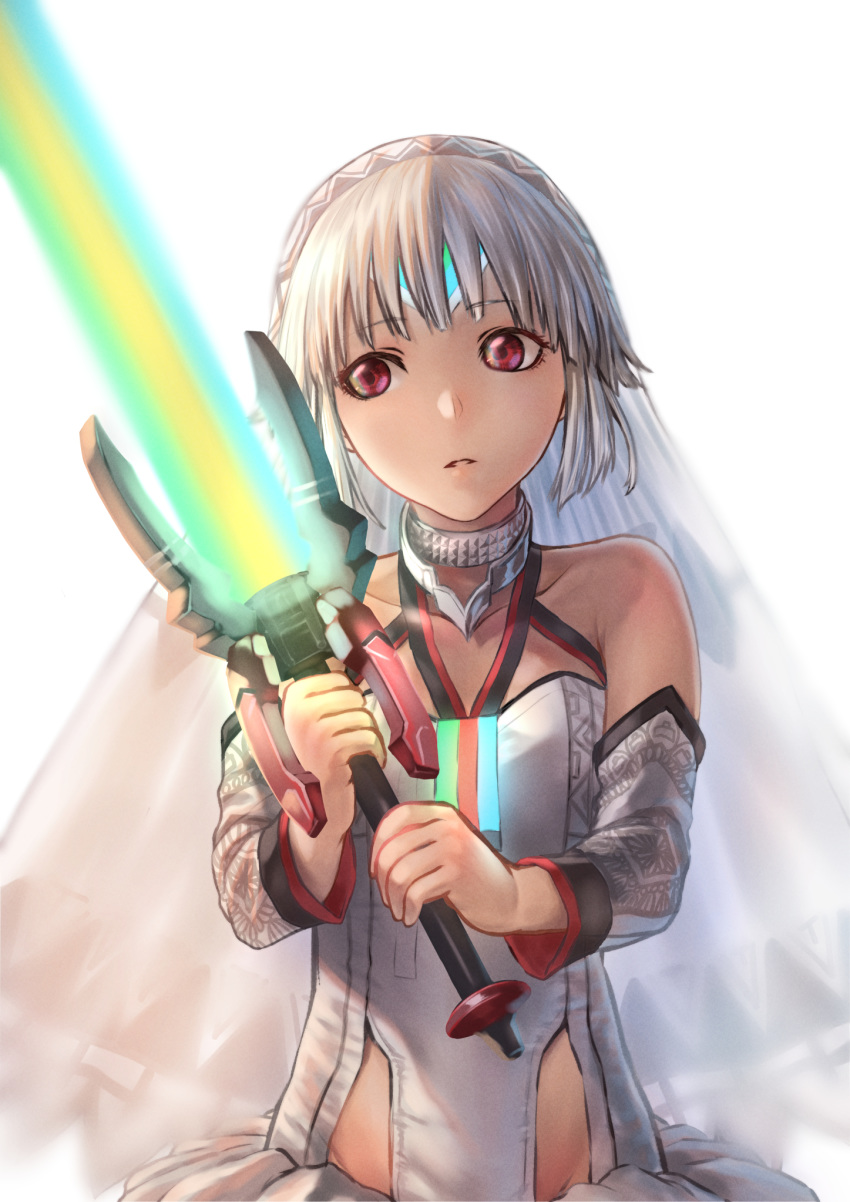 1girl albino altera_(fate) altera_larva arm_warmers choker collarbone fate/extella fate/extella_link fate/extra fate_(series) highres holding holding_sword holding_weapon leotard long_hair looking_to_the_side mugetsu2501 parted_lips photon_ray red_eyes simple_background solo sword weapon white_background white_hair white_leotard younger