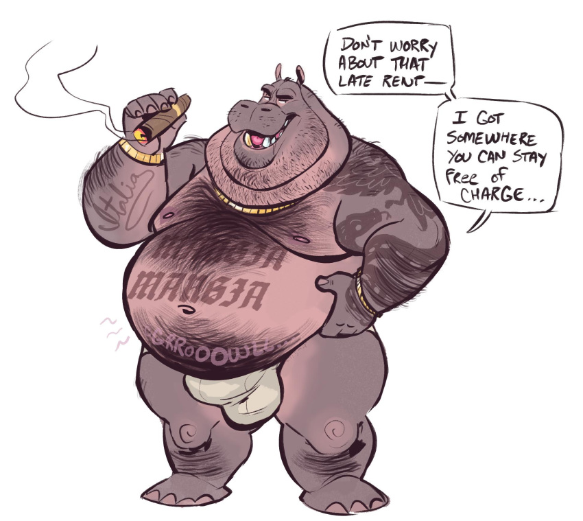 &lt;3 2019 anthro belly bracelet bulge cigar clothed clothing common_hippopotamus dramamine english_text facial_hair gold_(metal) gold_necklace gold_tooth hi_res hippopotamid hungry jewelry male mammal necklace overweight overweight_male ring shirt simple_background smoke solo speech_bubble standing stomach_hair tank_top tattoo text tight_clothing topless topwear underwear white_background