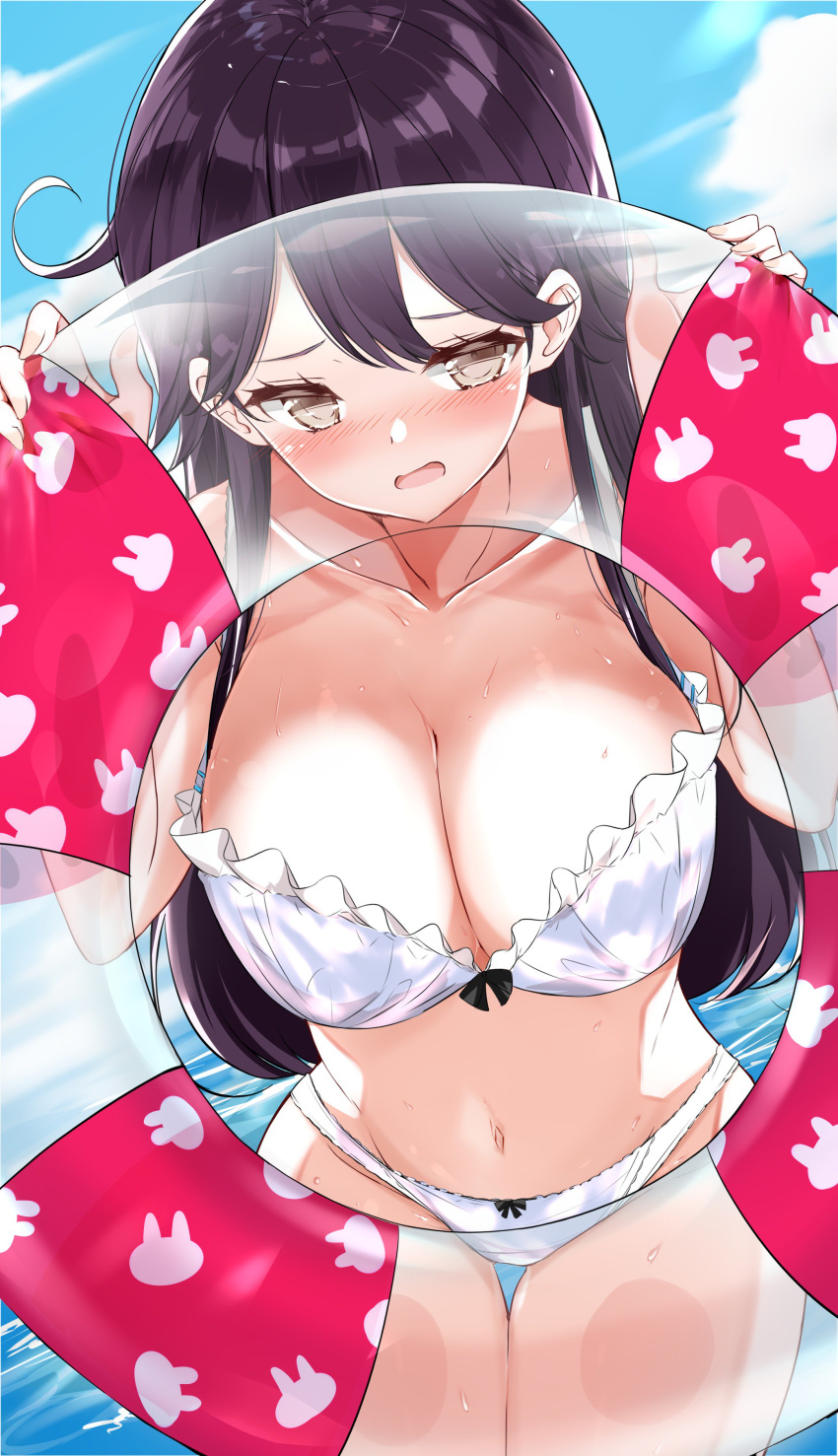 1girl absurdres blush bra breasts cleavage commentary_request day embarrassed grey_eyes highres innertube kantai_collection kengorou_saemon_ii_sei large_breasts long_hair looking_at_viewer navel ocean outdoors panties purple_hair solo thigh_gap underwear underwear_only ushio_(kantai_collection) water wet white_bra white_panties