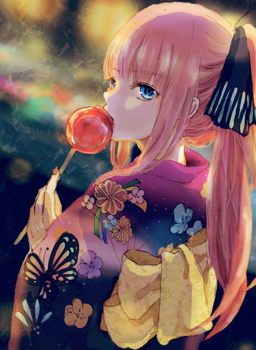 1girl absurdres bangs black_ribbon blue_eyes blunt_bangs butterfly_hair_ornament candy_apple eyebrows_visible_through_hair festival food food_in_mouth from_behind go-toubun_no_hanayome hair_ornament highres holding holding_food japanese_clothes kimono looking_at_viewer looking_back missia nail_polish nakano_nino nape obi pink_hair ponytail purple_kimono red_nails ribbon sash yukata