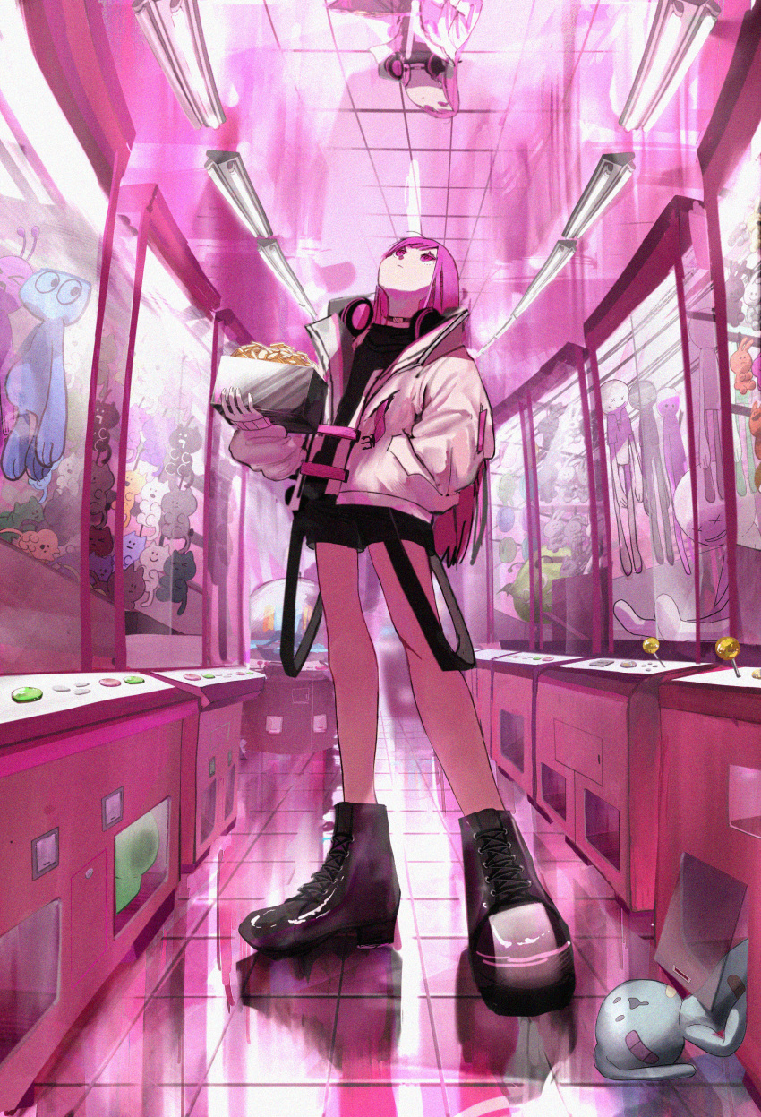 1girl absurdres arcade bangs black_footwear black_shorts box coin commentary_request expressionless hand_in_pocket headphones headphones_around_neck highres holding holding_box huge_filesize jacket long_hair long_sleeves looking_up original pink_eyes pink_hair pink_theme reflection reflective_ceiling reflective_floor shoes shorts solo stuffed_animal stuffed_toy very_long_hair white_jacket yuzua