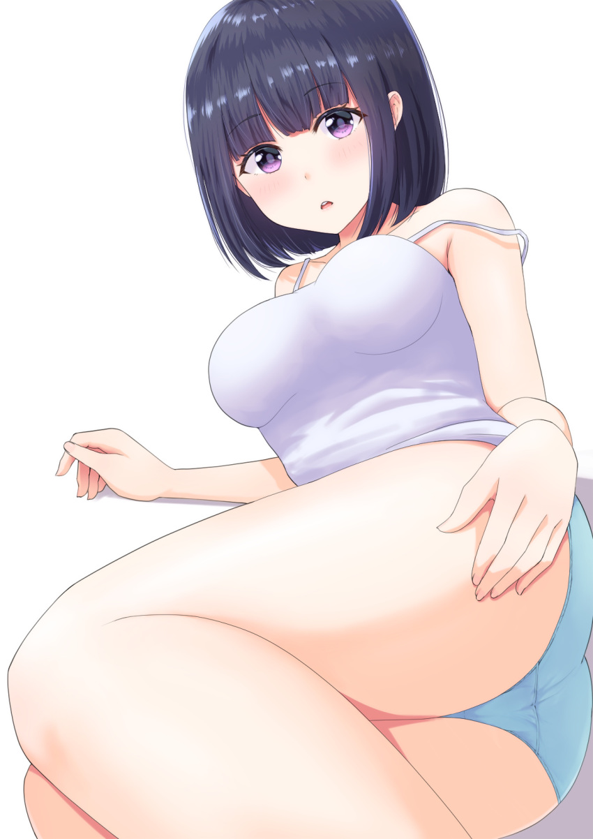 1girl :o arm_support ass bangs bare_shoulders black_hair blue_panties blunt_bangs blush bob_cut breasts camisole collarbone crotch_seam eyebrows_visible_through_hair furutori hand_on_own_thigh highres legs_together looking_at_viewer medium_breasts original panties purple_eyes reclining simple_background sleeveless solo strap_slip twisted_torso underwear