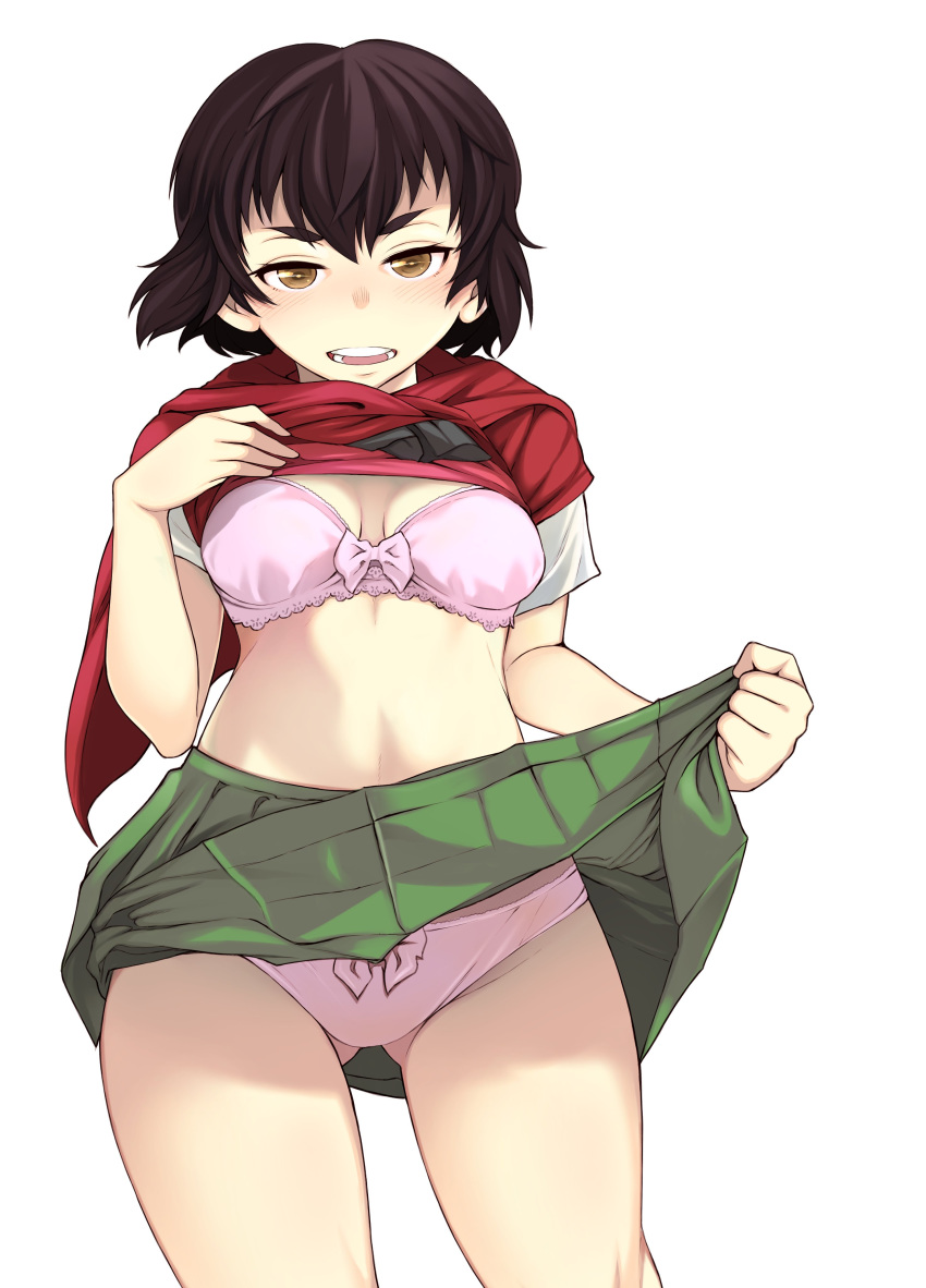 1girl absurdres ass_visible_through_thighs bangs black_neckwear blouse blush bow bow_bra bow_panties bra breasts brown_eyes brown_hair caesar_(girls_und_panzer) closed_mouth commentary_request girls_und_panzer half-closed_eyes highres lace lace-trimmed_bra lifted_by_self looking_at_viewer medium_breasts miniskirt neckerchief onion_(onion_and_pi-natto) ooarai_school_uniform open_mouth panties pink_bra pink_panties pleated_skirt red_scarf scarf school_uniform serafuku shiroobi_(whitebeltmaster) shirt_lift short_hair short_sleeves simple_background skirt skirt_lift smile solo standing summer_uniform thighs underwear white_background white_blouse