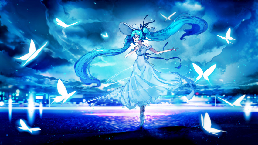 aliasing blue blue_hair butterfly clouds dress hat hatsune_miku long_hair night ribbons sky stars twintails vocaloid water yoshioka_yoshiko