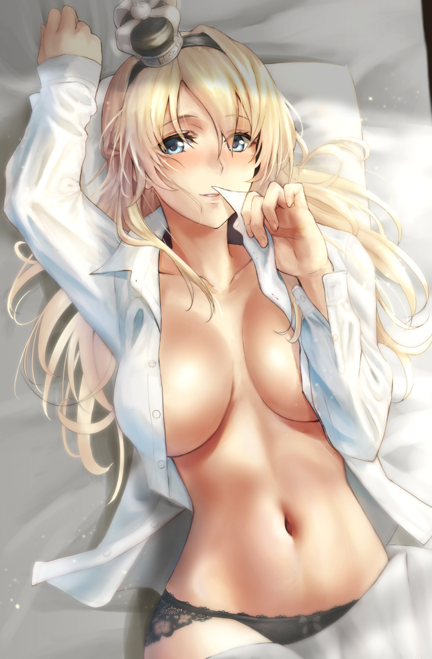 1girl arm_up black_panties blonde_hair blue_eyes braid breasts crown french_braid from_above groin hair_between_eyes hand_up highres kantai_collection kokuzoo lace lace-trimmed_panties light_particles lingerie long_hair long_sleeves lying mini_crown navel on_back open_clothes open_shirt panties parted_lips pillow shirt smile stomach underwear warspite_(kantai_collection) white_shirt