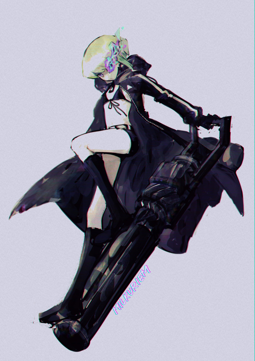 1boy absurdres belt bikini_top black_gloves black_rock_shooter black_rock_shooter_(character) black_rock_shooter_(character)_(cosplay) boots burning_eye cosplay gloves green_hair gun highres jacket lio_fotia male_focus midriff milkuriem navel otoko_no_ko promare short_hair shorts solo weapon