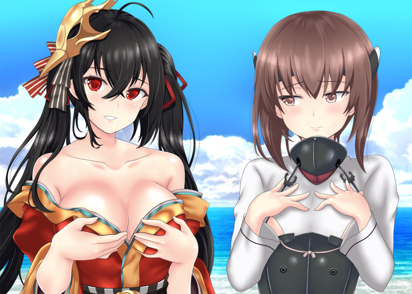 2girls ahoge azur_lane bangs bare_shoulders beach black_hair blue_sky blush breast_envy breasts brown_eyes brown_hair cleavage closed_mouth collarbone crossed_bangs flat_chest hair_between_eyes headband headgear highres japanese_clothes kantai_collection kimono large_breasts long_hair long_sleeves looking_at_viewer mask mask_on_head multiple_girls nendoroya ocean parted_lips red_eyes red_kimono ribbon shirt short_hair sky smile striped striped_ribbon taihou_(azur_lane) taihou_(kantai_collection) twintails white_shirt wide_sleeves