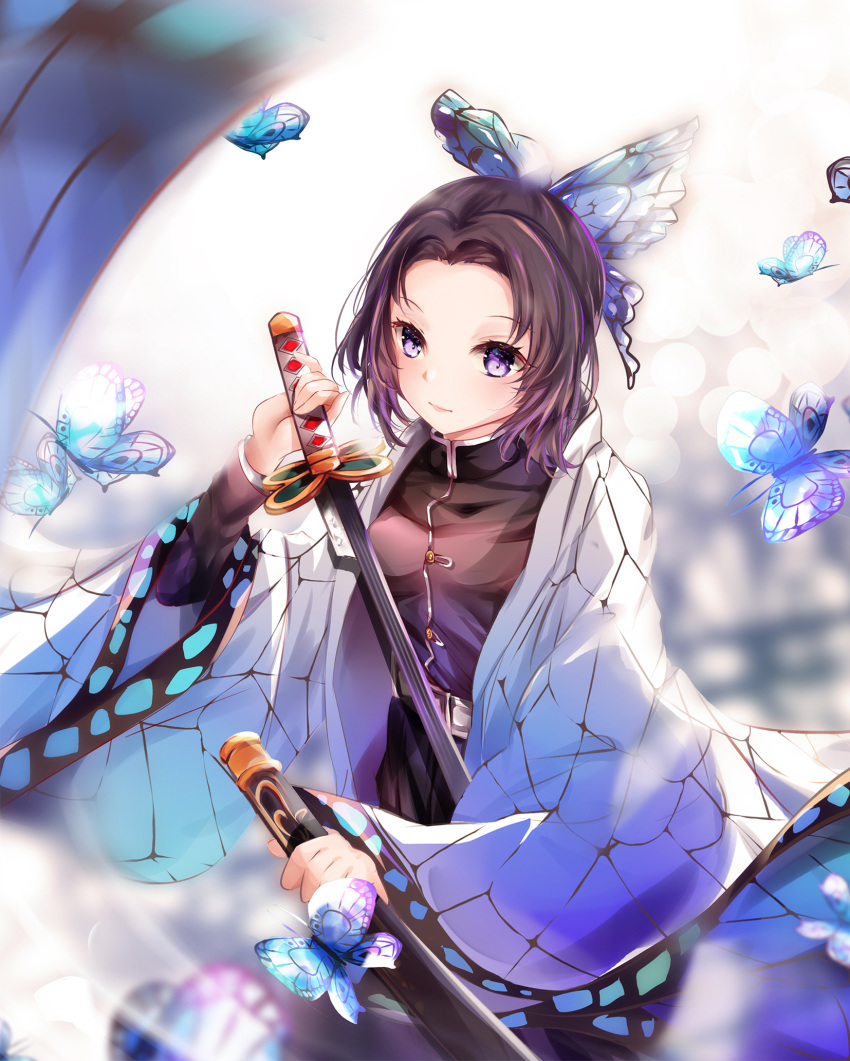 1girl animal bangs belt belt_buckle black_hair black_jacket black_skirt blurry blurry_background blurry_foreground breasts buckle bug butterfly butterfly_hair_ornament closed_mouth commentary_request depth_of_field forehead hair_ornament highres holding holding_sheath holding_sword holding_weapon insect jacket katana kimetsu_no_yaiba kochou_shinobu long_sleeves looking_at_viewer multicolored_hair mutang open_clothes parted_bangs pleated_skirt purple_eyes purple_hair sheath skirt small_breasts solo streaked_hair sword weapon white_belt wide_sleeves