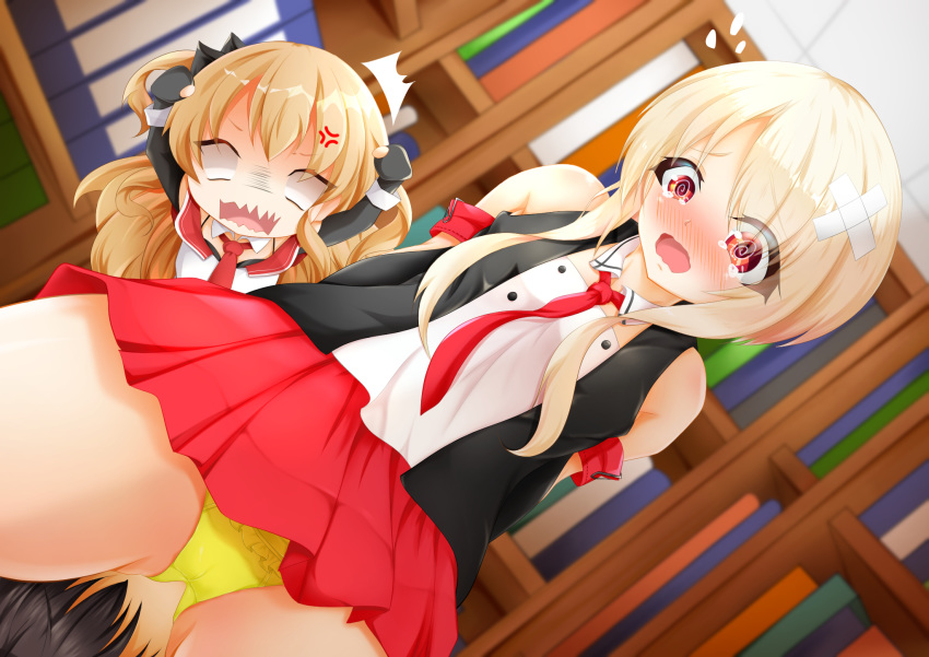 1boy 2girls @_@ anger_vein armband arms_behind_back arms_up azur_lane bandaid_on_head bangs bare_shoulders black_gloves black_ribbon black_shirt blonde_hair blurry blurry_background blush book bookshelf breasts ceiling chibi cowboy_shot detached_collar elbow_gloves eyebrows_visible_through_hair eyes_visible_through_hair faceless faceless_male fangs frilled_panties frills gloves hair_ribbon highres indoors juneau_(azur_lane) long_hair lucky_pervert miniskirt multiple_girls necktie no_nose no_pupils nose_blush one_side_up open_mouth panties parted_bangs raised_eyebrows red_eyes red_neckwear red_skirt ribbon san_juan_(azur_lane) shiny shiny_hair shirt short_hair short_hair_with_long_locks sitting sitting_on_face sitting_on_person skin_fangs skirt small_breasts suzu_(17081023) tareme thick_thighs thighs tile_ceiling tiles tongue two-tone_shirt underwear wavy_mouth white_shirt yellow_panties