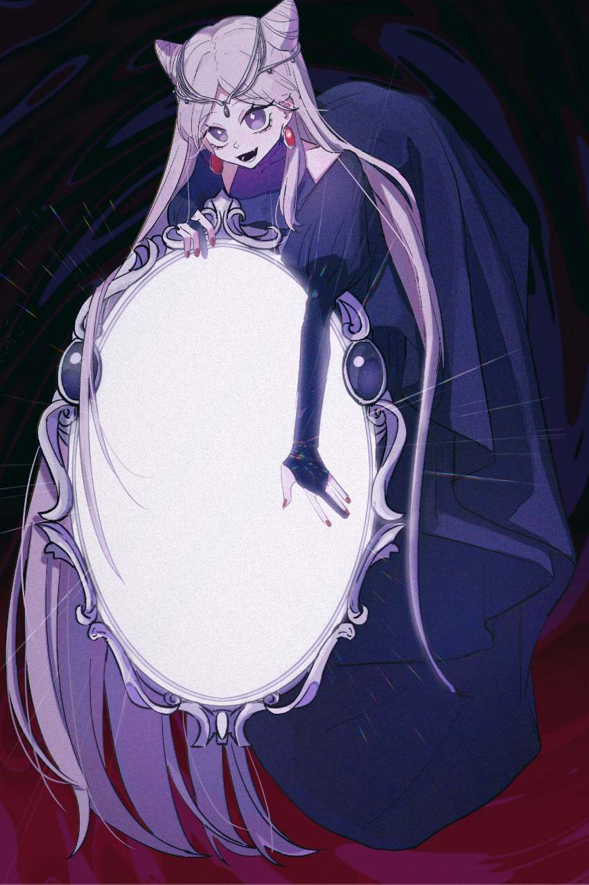 +_+ 1girl absurdres arrodes_(lord_of_the_mysteries) black_dress chinese_commentary commentary_request dark dress earrings ears floating guowangying highres jewelry long_hair long_sleeves looking_at_viewer lord_of_the_mysteries mirror nail_polish object_hug open_mouth personification purple_eyes purple_hair solo teeth tiara tongue