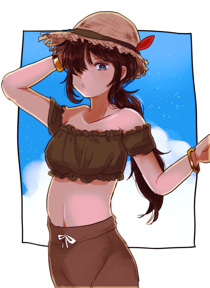 1girl arai_ako bangs black_border black_eyes black_hair blue_shirt blue_sky border bracelet brown_headwear brown_skirt cloud cloudy_sky commentary crop_top dark_skin day eyebrows_visible_through_hair frilled_shirt frills girls_und_panzer hair_over_one_eye hand_on_head hat hat_feather highres jewelry long_hair looking_at_viewer midriff navel off-shoulder_shirt off_shoulder ogin_(girls_und_panzer) outside_border pencil_skirt ponytail shirt skirt sky solo standing straw_hat upper_body