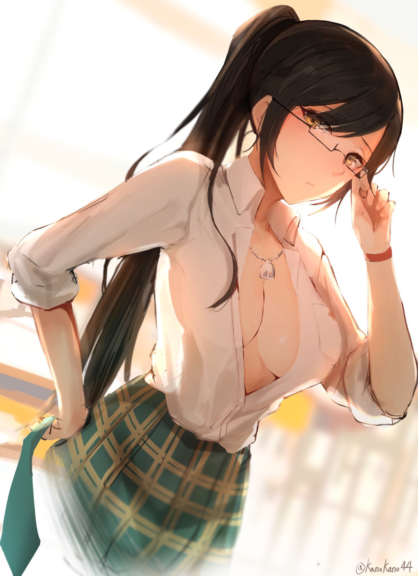 1girl adjusting_eyewear backlighting bangs black_hair blurry blurry_background blush breasts center_opening classroom cleavage collarbone collared_shirt dog_tags dress_shirt glasses hair_between_eyes hand_on_hip high_ponytail highres idolmaster idolmaster_shiny_colors kano_(kanokano44) large_breasts long_hair looking_at_viewer necktie plaid plaid_skirt ponytail shirase_sakuya shirt skirt solo white_shirt window yellow_eyes