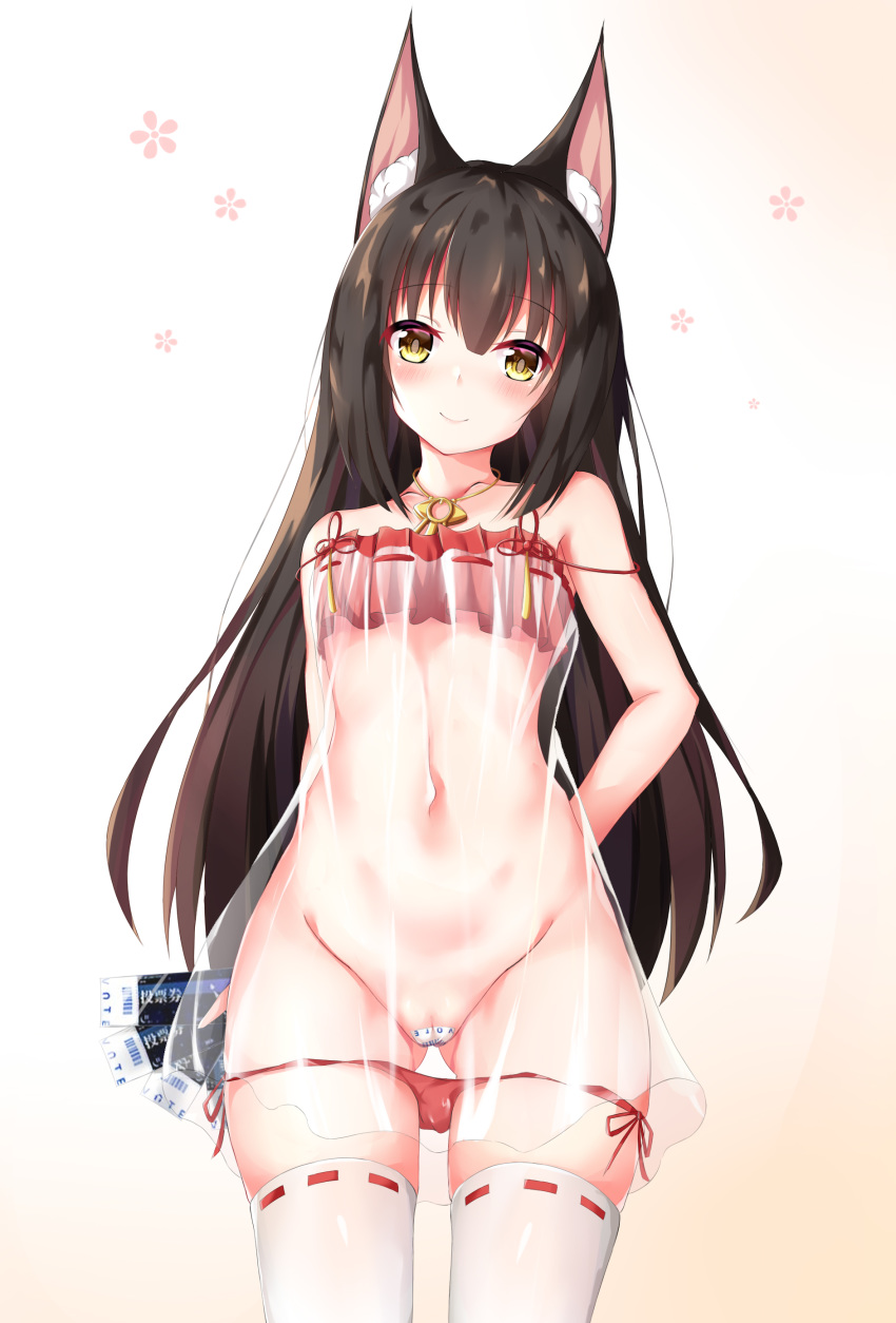 1girl absurdres animal_ear_fluff animal_ears arms_behind_back ass_visible_through_thighs azur_lane ballot bangs bare_arms bare_shoulders bikini bikini_pull black_hair blush breasts brown_background closed_mouth collarbone commentary_request eyebrows_visible_through_hair fox_ears gameplay_mechanics gradient gradient_background groin hair_between_eyes head_tilt highres holding long_hair looking_at_viewer maebari nagato-chan nagato_(azur_lane) navel red_bikini revision ribbon-trimmed_legwear ribbon_trim see-through side-tie_bikini small_breasts smile solo swimsuit thighhighs very_long_hair white_background white_legwear yellow_eyes