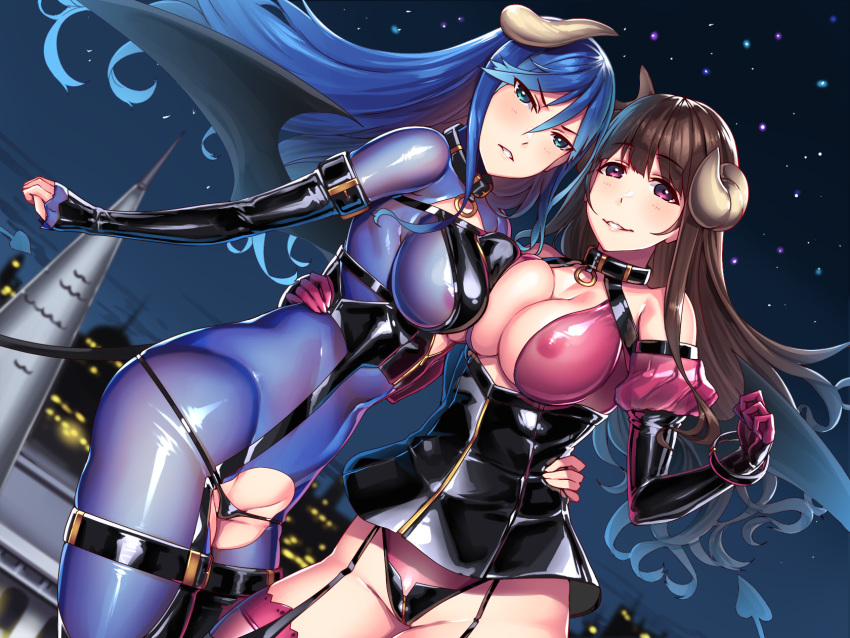 2girls aqua_eyes blue_eyes blue_hair blush breasts brown_hair building city cleavage collar demon elbow_gloves garter_belt gloves hiememiko horns long_hair night original pink_eyes see_through skintight succubus tail thighhighs wings