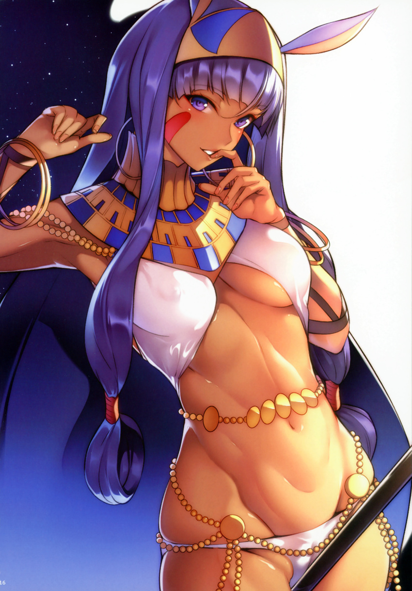 1girl absurdres animal_ears bracelet breasts bunny_ears cameltoe earrings egyptian egyptian_clothes facial_mark fate/grand_order fate_(series) finger_to_mouth fingernails grin groin hair_rings hairband highres hoop_earrings jewelry long_hair looking_at_viewer medium_breasts nanao_(mahaya) navel nitocris_(fate/grand_order) purple_eyes purple_hair scan shiny shiny_hair sidelocks smile solo toned underboob very_long_hair