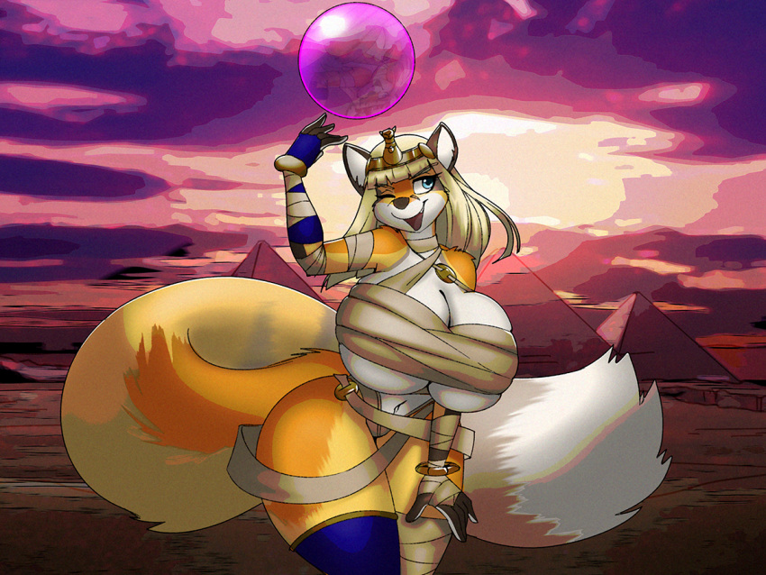 4:3 anthro big_breasts breasts canid canine cleavage clothed clothing dracojeff female fox headdress huge_breasts magic mammal menat_(street_fighter) navel one_eye_closed pyramids solo thick_thighs wide_hips wink