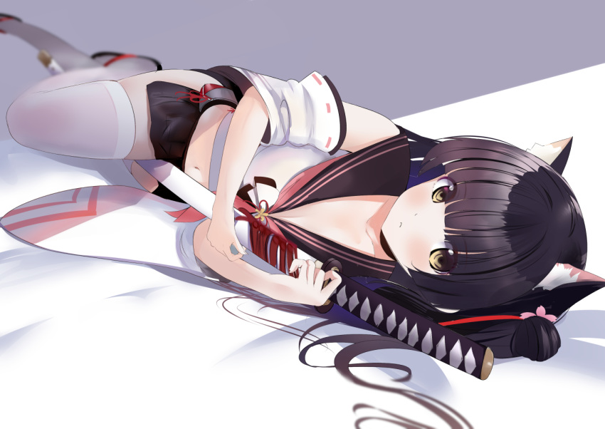 1girl animal_ear_fluff animal_ears azur_lane bangs bare_shoulders black_hair black_sailor_collar black_skirt blunt_bangs blurry breasts brown_eyes cat_ears cleavage closed_mouth collarbone crop_top detached_sleeves extra_ears hair_bun hair_ornament holding holding_sword holding_weapon katana long_hair looking_at_viewer lying medium_breasts midriff miniskirt navel neckerchief on_side one_side_up retrofit_(azur_lane) sailor_collar school_uniform schreibe_shura serafuku sheath sheathed shirt side_slit sidelocks skindentation skirt solo sword thighhighs thighs two-tone_background weapon white_legwear white_shirt wide_sleeves yuugure_(azur_lane) zettai_ryouiki zouri