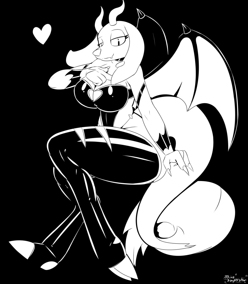 &lt;3 2019 4_fingers absurd_res anthro big_breasts black_and_white black_background bovid breasts caprine clothed clothing demon female fingers half-closed_eyes hi_res horn inktober looking_at_viewer lorna_(miso_souperstar) mammal miso_souperstar monochrome signature simple_background smile solo wings