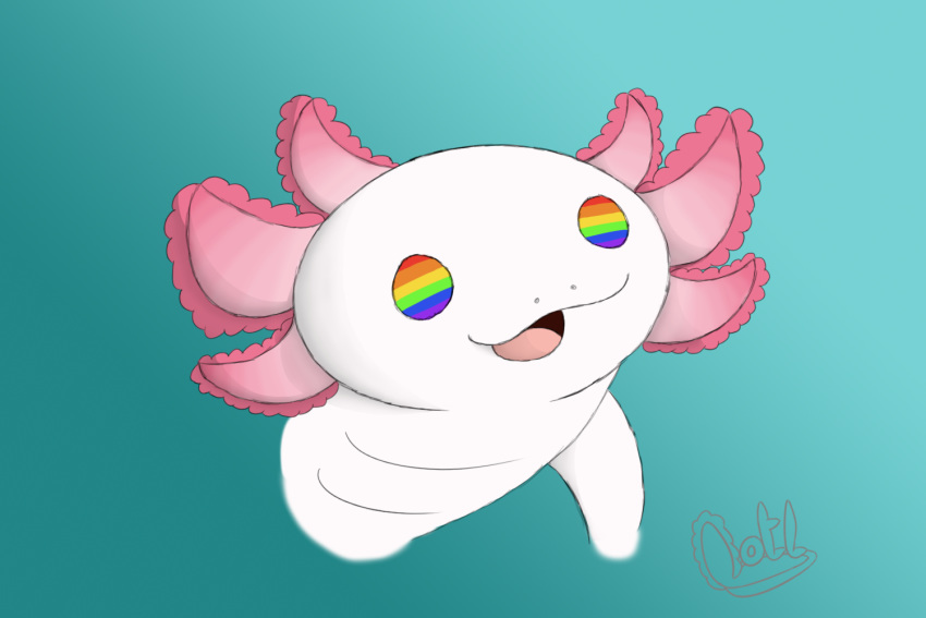 2019 ambiguous_gender amphibian axolotl digital_media_(artwork) feral lewd_lotl mole_salamander multicolored_eyes nude rainbow rainbow_eyes salamander_(amphibian) smile solo