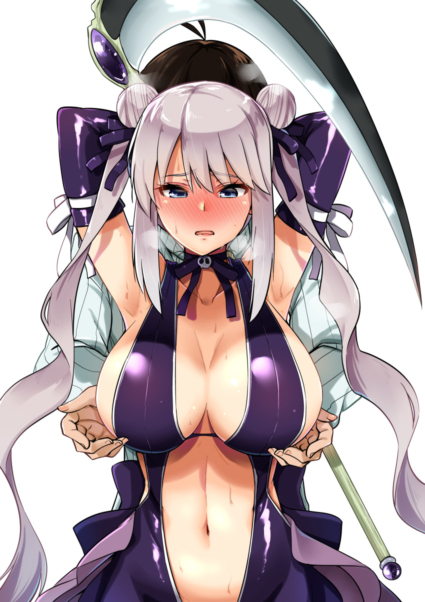 1boy 1girl absurdres antenna_hair armpits arms_behind_head arms_up blue_eyes blush breasts breath choker commentary_request deathscythe_pururun double_bun dress elbow_gloves full-face_blush gloves hair_ribbon heavy_breathing highres huge_filesize large_breasts lavender_hair navel purple_dress purple_gloves revealing_clothes ribbon ribbon_choker sarfata scythe sidelocks solo_focus sweat twintails