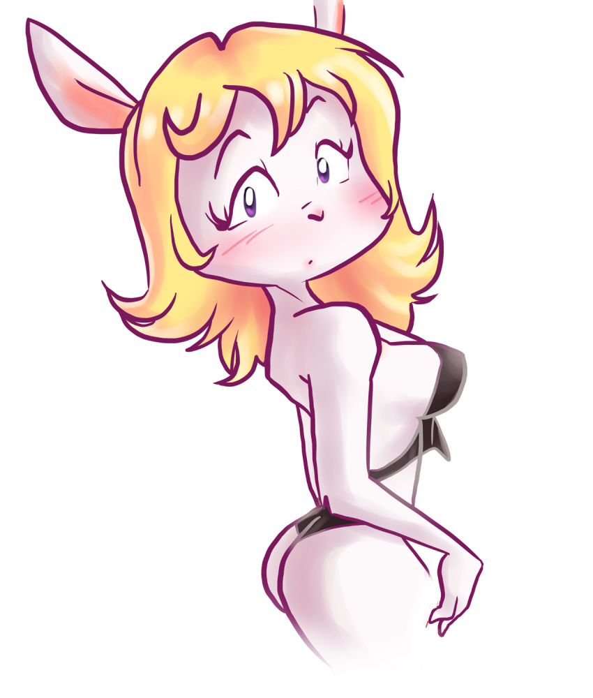 :o abril_hime anthro black_clothing blonde_hair blush breasts clothed clothing dress female fur hair hi_res lagomorph leporid long_ears long_hair looking_at_viewer mammal mosca_juanin mostly_nude partially_clothed pichigani pink_nose purple_eyes rabbit short_dress simple_background solo standing toony white_background white_body white_fur