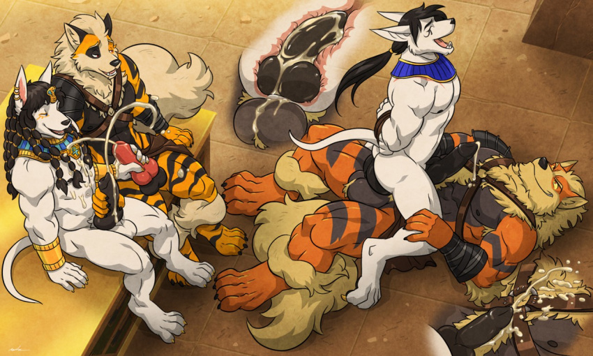 4_toes anal anal_knotting animal_genitalia animal_penis anthro anthro_on_anthro anthro_penetrated anthro_penetrating anthro_penetrating_anthro anubian_jackal arcanine areku ball_tuft balls big_penis black_hair black_stripes blake_(gasaraki2007) bodily_fluids bondage_gear bound canid canine canine_penis canis chest_tuft claws cowgirl_position cum cum_in_ass cum_inside cum_leaking cum_on_balls cum_on_chest cum_while_penetrated cumshot cutaway ear_piercing ear_ring egyptian ejaculation erection eren eye_of_horus eyes_closed fangs foursome fur genital_fluids group group_sex hair handjob hands-free hands_behind_back hands_tied happy happy_sex harness high-angle_view internal jace_(gasaraki2007) jackal jewelry knot knotting large_penetration long_hair looking_pleasured male male/male male_on_top male_penetrated male_penetrating male_penetrating_male mammal mostly_nude muscular muscular_male mutual_masturbation necklace nintendo nipples on_top open_mouth orange_body orange_fur orgasm parallel_sex penetration penile penis piercing pok&eacute;mon pok&eacute;mon_(species) ponytail pubes sex striped_body striped_fur stripes toes tongue tuft video_games wfa white_body white_fur