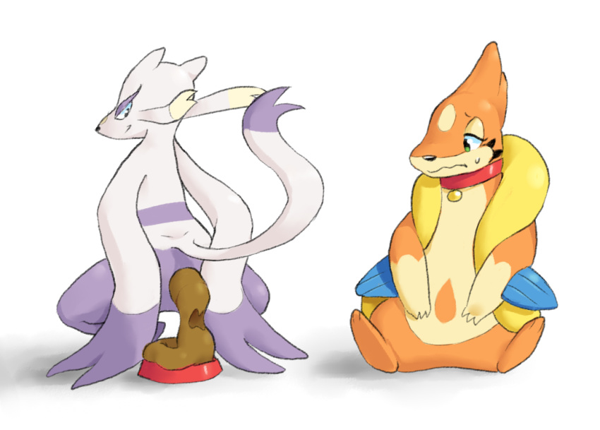 ambiguous_gender anthro biped bowl buizel duo feces food_bowl front_view looking_back mienshao msnake nintendo pok&eacute;mon pok&eacute;mon_(species) pooping rear_view scat simple_background video_games white_background