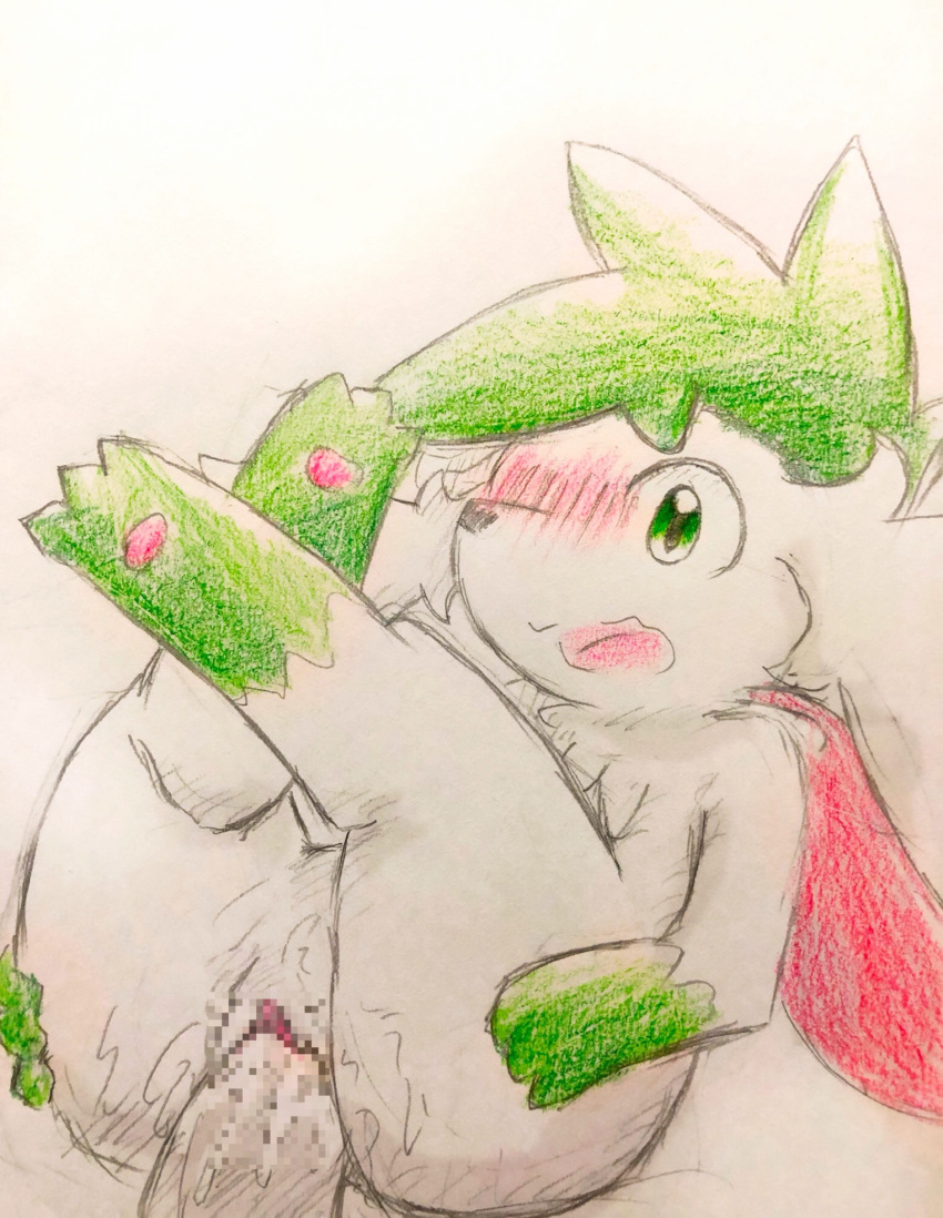 2018 3_toes black_nose blush censored colored_pencil_(artwork) duo eiroru faceless_male female female_focus feral fur green_body green_eyes green_fur hi_res leg_markings legendary_pok&eacute;mon legs_up male male/female markings mosaic_censorship nintendo open_mouth pawpads penetration penis pink_pawpads pok&eacute;mon pok&eacute;mon_(species) pussy shaymin shaymin_(sky_form) snout socks_(marking) solo_focus toes traditional_media_(artwork) vaginal vaginal_penetration video_games white_body white_fur