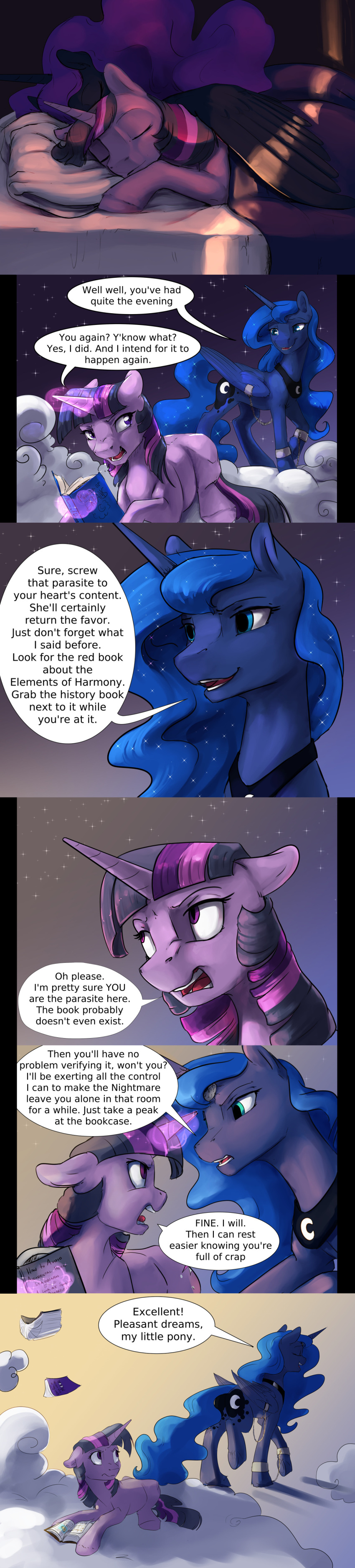 2019 absurd_res book bound_wings cloud comic dialogue dream dream_walker equid female female/female friendship_is_magic glowing glowing_horn hi_res horn horn_ring lying magic magic_inhibitor magic_suppression mammal my_little_pony nightmare_moon_(mlp) on_front princess_luna_(mlp) shackles silfoe sleeping telekinesis twilight_sparkle_(mlp) unicorn vulgar winged_unicorn wings