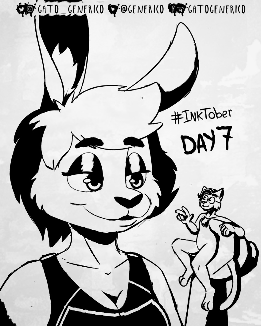 anthro black_and_white clothed clothing digital_media_(artwork) duo eyewear female gatogenerico glasses hair halfbodie hi_res inktober inktober2019 larger_female macro macro_micro male micro monochrome size_difference size_play sketch smaller_male