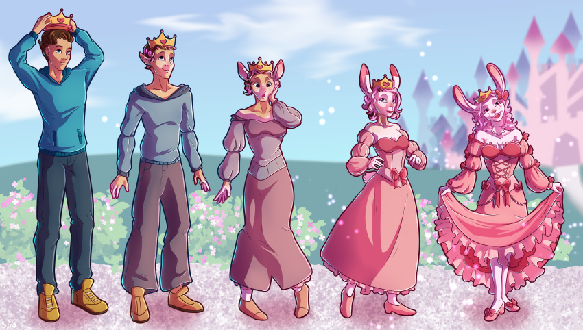 &lt;3 anthro bow breasts brown_hair castle cleavage clothed clothing crown curtsey dress female flower freckles fur gender_transformation hair hi_res human lagomorph leporid male mammal mtf_transformation pink_body pink_fur pink_hair plant princess rabbit royalty scissorsrunner sequence shrinking smile transformation