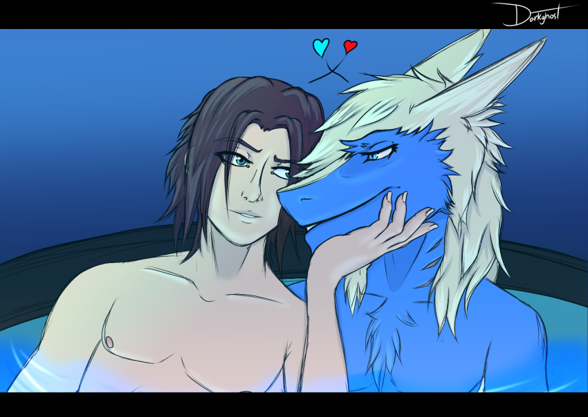 &lt;3 anthro blonde_hair blue_body blue_eyes blue_fur couple_(disambiguation) darkghost digital_media_(artwork) duo fur hair hi_res hot_tub human male mammal outside partially_submerged pool_(disambiguation) sergal smile smirk water