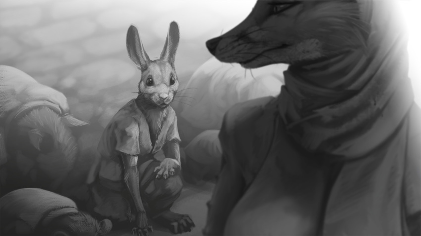 16:9 anthro bowing canid canine claws clothed clothing duo_focus female fox greyscale group ipoke kneeling lagomorph leporid looking_back male mammal monochrome rabbit toe_claws whiskers