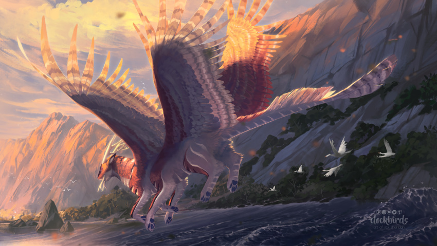 2019 4_toes brown_body brown_feathers brown_fur clockbirds day detailed_background digital_media_(artwork) dragon feathered_dragon feathered_wings feathers fur furred_dragon hi_res horn outside sky toes white_body white_feathers white_fur wings
