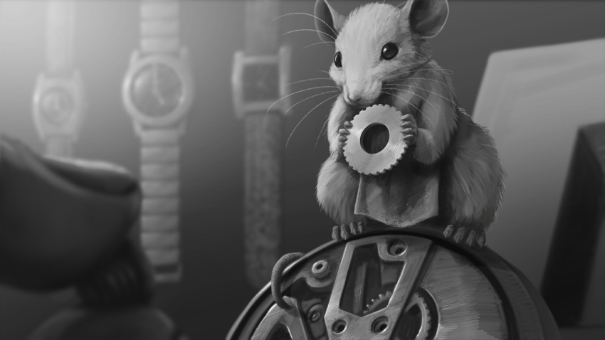 16:9 claws clock clothed clothing feral fur gear greyscale holding_object ipoke loincloth mammal monochrome mouse murid murine rodent sitting solo toe_claws watch whiskers wristwatch