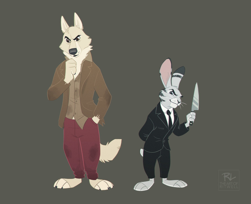 anthro bottomwear brown_eyes canid canine canis claws clothed clothing dipstick_ears disney duo facial_markings fan_character fur grey_background grey_body grey_fur head_markings hi_res holding_knife jack_savage knife lagomorph leporid male mammal markings multicolored_ears pants rabbit ritwell scut_tail simple_background standing suit tan_body tan_fur toe_claws weapon whiskers wolf zootopia