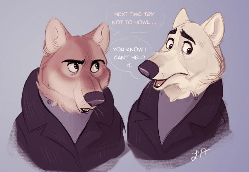 anthro brown_body brown_eyes brown_fur canid canine canis clothed clothing dialogue disney duo english_text fangs fur gary_(zootopia) green_eyes grey_background hi_res larry_(zootopia) male mammal ritwell simple_background speech_bubble text whiskers white_body white_fur wolf zootopia